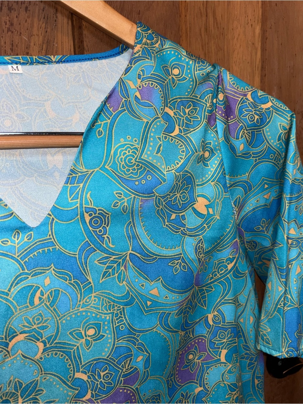 Women's Teal Patterned V-Neck Shirt Dress